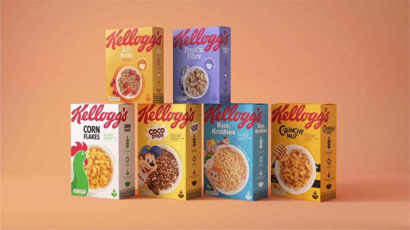 凯洛格早餐桌主食品牌包装设计,简约风格突出品牌logo与自然谷物